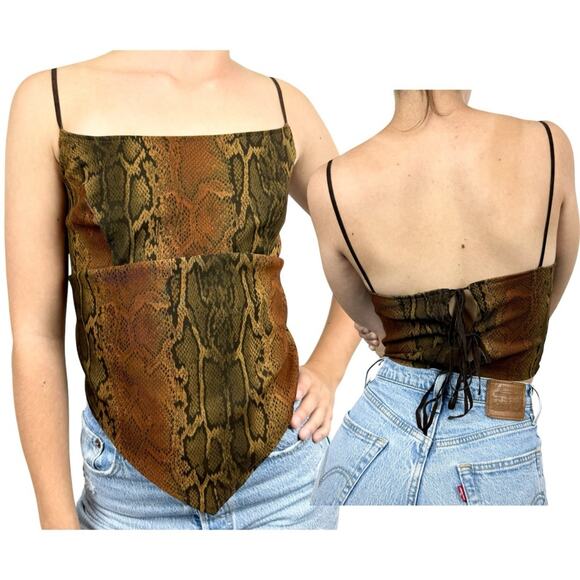 Vintage Y2K Anchor Blue Whimsigoth Handkerchief Snake Print Crop Top Brown Sz M - Picture 1 of 14